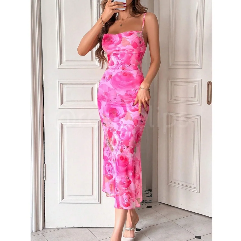Pink Floral Rose Mesh Midi Dress Cami, Spaghetti Straps Lined, Stretchy - Picture 6 of 9